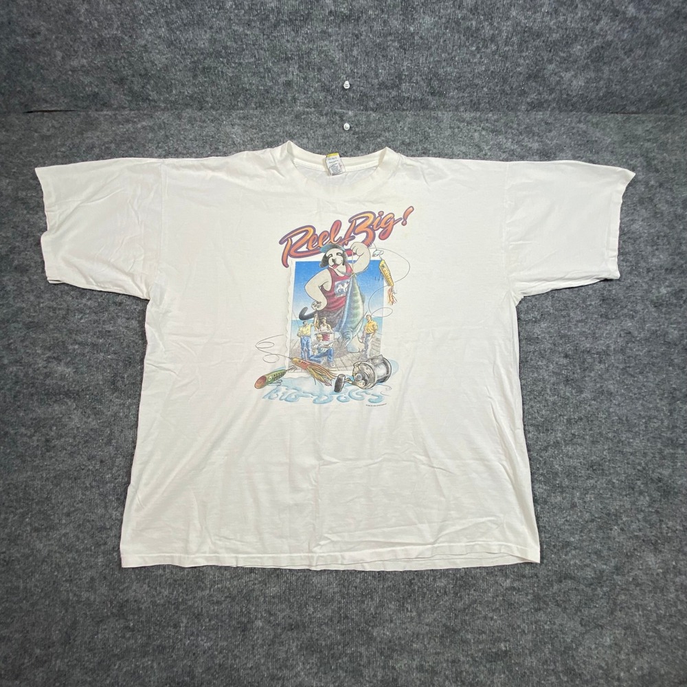 Vintage 1996 Big Dogs Sportswear Reel Big Fishing Graphic T-Shirt White Mens XL